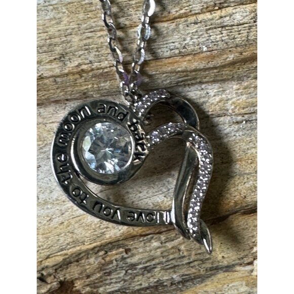 Sterling Silver "I Love You To The Moon And Back" Heart Pendant Necklace With CZ - Picture 3 of 6